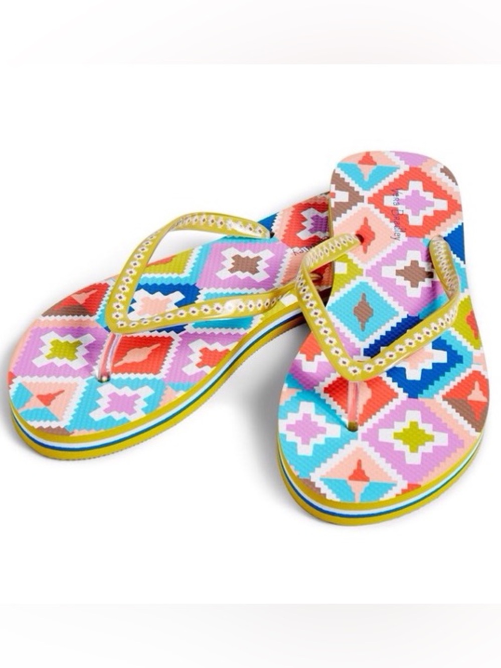 Vera Bradley Multicolor Geometric Flip Flops with Yellow Straps